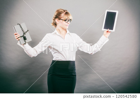 Woman with document and tablet. Digital storage. 120542580