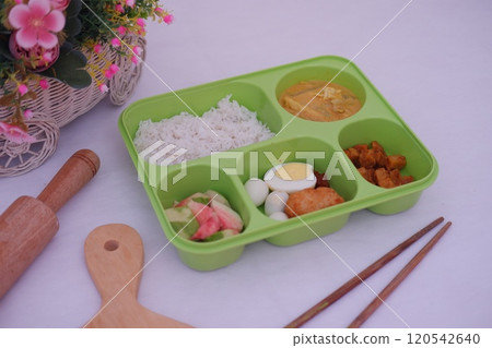 A green tray with five compartments containing white rice, curry, sliced cucumbers and tomatoes, a boiled egg, quail eggs, fried chicken, and pieces of meat A green tray with five compartments containing white rice, curry, sliced cucumbers and tomatoes, a boiled egg, quail eggs, fried chicken, and pieces of meat 120542640