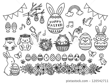 Easter illustration set: hand-drawn black and white line drawings Easter illustration set: hand-drawn black and white line drawings 120542711