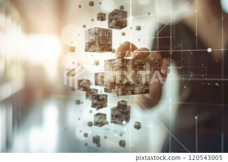 Businessman holding abstract cube representing finance, digital marketing, and social media concepts 120543005