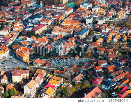 Aerial drone view of St. Nicholas Church and The First Romanian School Museum in Brasov 120543024