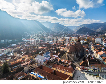 Aerial drone view of Black Church in Brasov city old center in autumn season 120543025