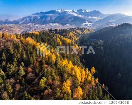 Aerial drone view of Bucegi Mountains in autumn season with blue sky 120543028
