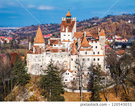Aerial drone view of Bran Castle in autumn season 120543031