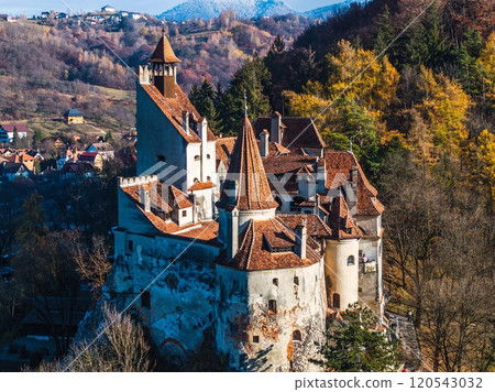 Aerial drone view of Bran Castle in autumn season 120543032