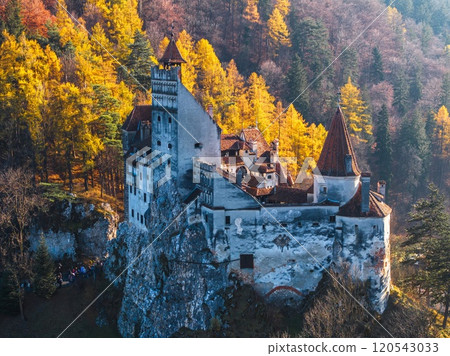 Aerial drone view of Bran Castle in autumn season 120543033