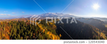 Aerial drone view of Bucegi Mountains in autumn season with snow 120543040