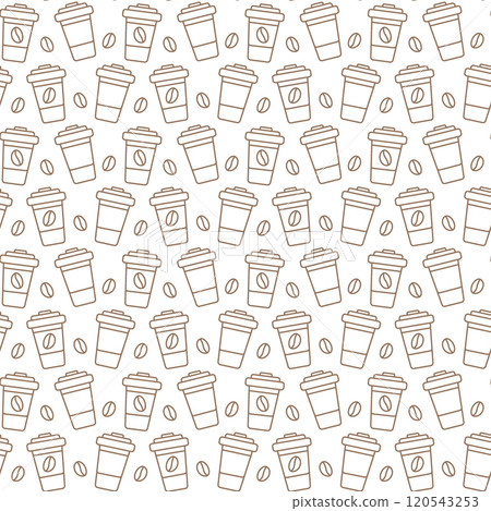 Disposable cups with lid and grains Outline Seamless pattern in trendy minimalism. Coffee Day fond Disposable cups with lid and grains Outline Seamless pattern in trendy minimalism. Coffee Day fond 120543253