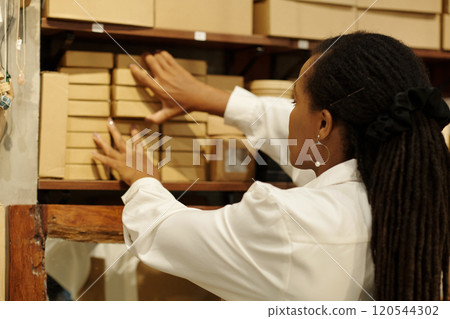Organizing Boxes on Shelves in Storage Room 120544302