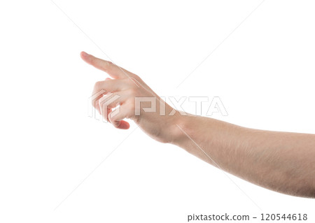 Young adult man hand touch or click something isolated on white Young adult man hand touch or click something isolated on white 120544618