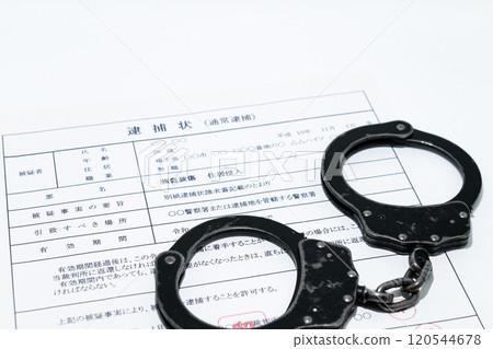 Image of a dark job: arrest warrant and black handcuffs Image of a dark job: arrest warrant and black handcuffs 120544678