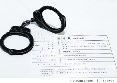 Image of a dark job: arrest warrant and black handcuffs Image of a dark job: arrest warrant and black handcuffs 120544692