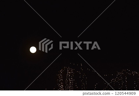 full moon floating on skyover light bulb decorating on tree in night background 120544909