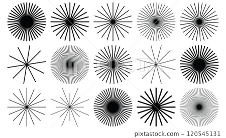 Round geometric shapes with rays. Vintage sunburst icon set elements. Circular thin line beams, stars, sun rise light. Round geometric shapes with rays. Vintage sunburst icon set elements. Circular thin line beams, stars, sun rise light. 120545131