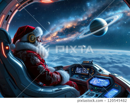Christmas poster of Santa Claus flying in an intergalactic sleigh in outer space. High quality illustration 120545482