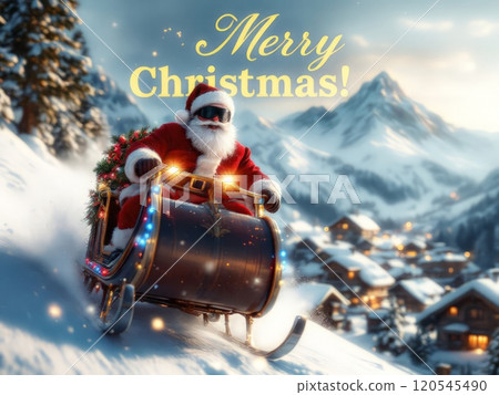 Christmas poster of Santa Claus riding down the mountain on his sleigh. High quality illustration Christmas poster of Santa Claus riding down the mountain on his sleigh. High quality illustration 120545490