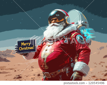 Christmas poster of Santa Claus on Mars wishing everyone a Merry Christmas. High quality illustration 120545496