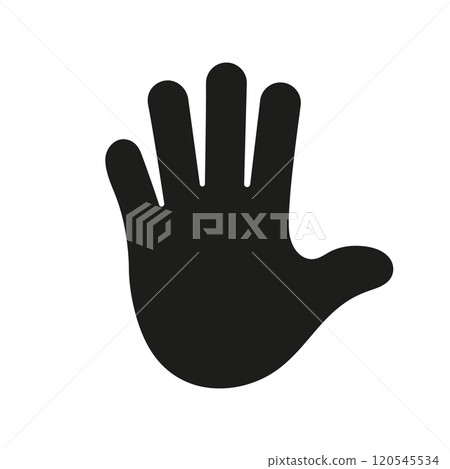 Hand Silhouette Icon Showing Open Palm Gesture. Hand Icon Symbol of Participate, Volunteer, Stop and Vote. Open Palm Hand Icon Signifying Stop or Greeting. Isolated Vector Illustration 120545534
