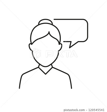 Woman Line Icon with Speech Bubble, Communication or Consultation Concept. Customer Support and Discussion. Isolated Vector Illustration Woman Line Icon with Speech Bubble, Communication or Consultation Concept. Customer Support and Discussion. Isolated Vector Illustration 120545541