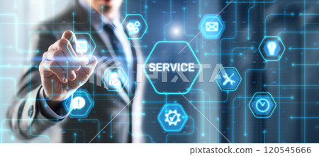 Businessman presses a button Service. Technical Support Customer Business Technology Internet Concept Businessman presses a button Service. Technical Support Customer Business Technology Internet Concept 120545666
