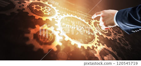 Data protection concept. Businessman pointing on virtual screen with text and icons 3D Data protection concept. Businessman pointing on virtual screen with text and icons 3D 120545719