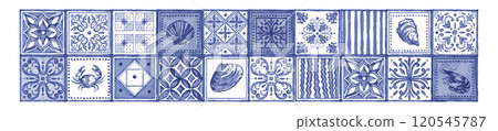 Blue azulejo decorative tile set, hand drawn Portugal vector antique ceramic traditional ornament. Blue azulejo decorative tile set, hand drawn Portugal vector antique ceramic traditional ornament. 120545787