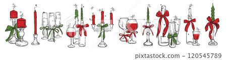 Christmas eve candle set, vector hand drawn traditional holiday table decoration, wineglass, bow. Christmas eve candle set, vector hand drawn traditional holiday table decoration, wineglass, bow. 120545789