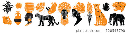 African linocut design object set vector native woman portrait, safari animal silhouette, leaf print 120545790