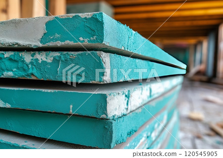 Green plywood panels stacked in a construction site with exposed wooden beams in the background 120545905