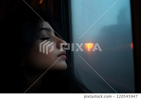 Woman with closed eyes leans against a rainy window, reflecting dim lights in the misty dark 120545947