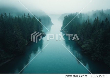 A foggy river stretches between dense pine forests, creating a peaceful, serene atmosphere 120545962