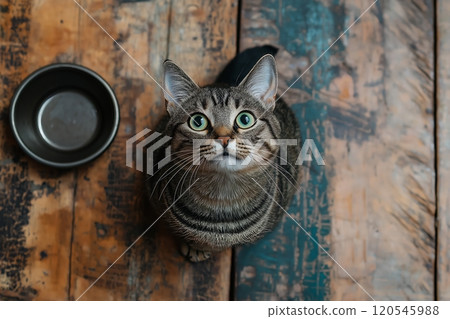 A curious tabby cat with wide eyes looks up from a worn wooden floor, next to an empty bowl 120545988