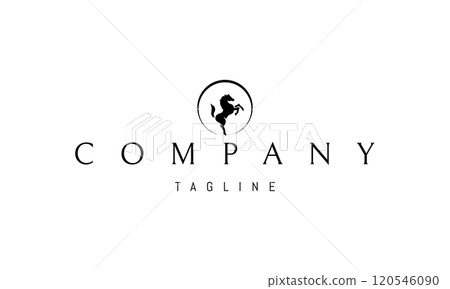 Vector logo with an abstract image of a rearing horse against the backdrop of the sun. Vector logo with an abstract image of a rearing horse against the backdrop of the sun. 120546090