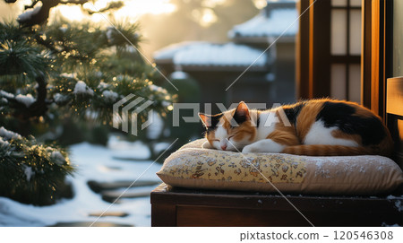 Calico cat basking in the winter sunshine on the veranda 120546308