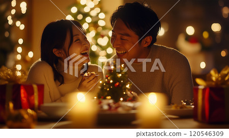 Smiling Japanese couple at Christmas dinner 120546309