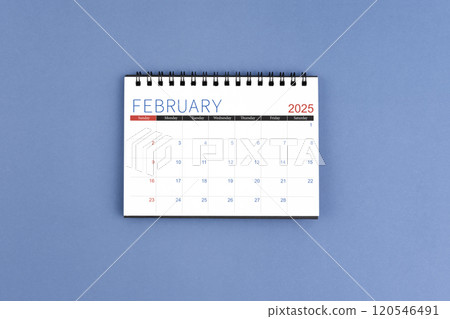 February 2025 Monthly desk calendar for 2025 year on blue background. Flat lay. February 2025 Monthly desk calendar for 2025 year on blue background. Flat lay. 120546491
