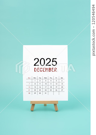 Calendar page December of the year 2025 white color on green background. 120546494