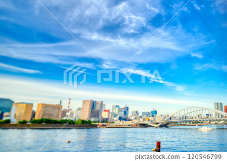 View of Tsukiji Bridge and the former Tsukiji Market site in Tokyo. Shot with a side-bokeh shift lens. 120546799