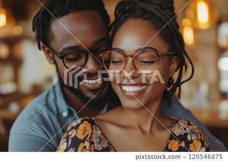 A joyful couple, both wearing glasses, embracing and smiling with warmth and affection 120546875