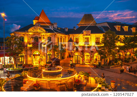 central square of medieval city in French village in Ba Na Hills Park in Da Nang in Vietnam in evening 120547027