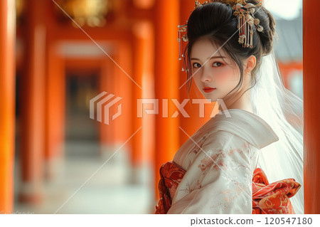 A shrine maiden in a white kimono and red hakama: A mystical Japanese moment with a torii gate and the morning sun 120547180