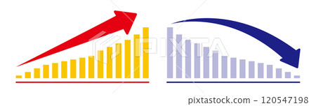 Illustration of a graph with an ascending red arrow and a descending blue arrow Bar graph (up and down) 120547198