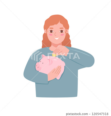 Girl holds piggy bank in her hands and throws coin into it. Concept of saving money at young age. Girl holds piggy bank in her hands and throws coin into it. Concept of saving money at young age. 120547318