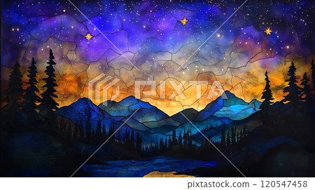 Stained glass style night sky and mountain scenery 120547458