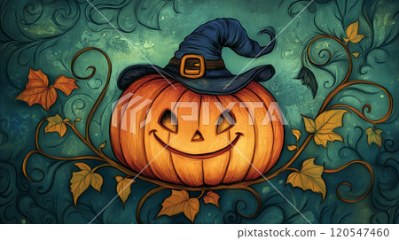 Illustration of a jack-o-lantern wearing a witch's hat 120547460