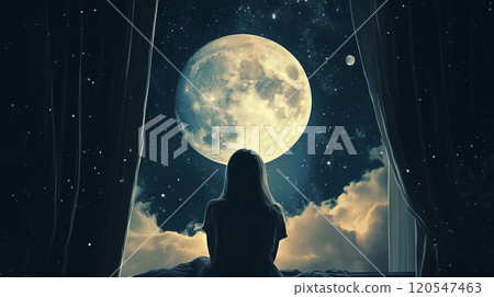 Full moon and starry sky seen from the window 120547463