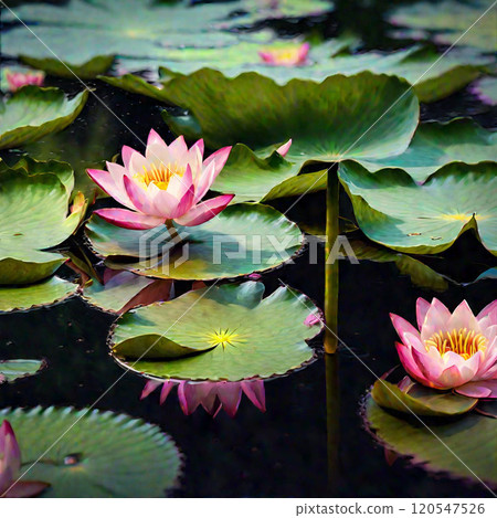 漂浮在水面上的粉紅色睡蓮花朵 120547526