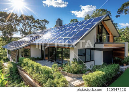 Illustration of a stylish newly built wooden house with solar panels installed 120547528