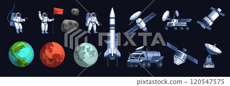 Cartoon cosmos exploration elements. Space research, rockets, satellites and lunar rover, astronauts in spacesuits, planets adventure, Earth and moon. Isolated flat objects tidy vector set 120547575