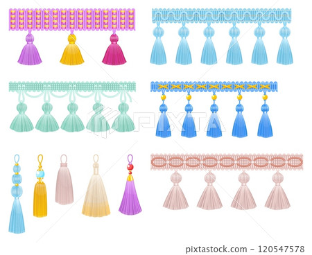 Decorative tassels. Clothing, handbags and shoes elements, braided fabric fringe, thread hanging trinkets, ornamental borders, curtain ornament, vector cartoon flat isolated illustrations set Decorative tassels. Clothing, handbags and shoes elements, braided fabric fringe, thread hanging trinkets, ornamental borders, curtain ornament, vector cartoon flat isolated illustrations set 120547578